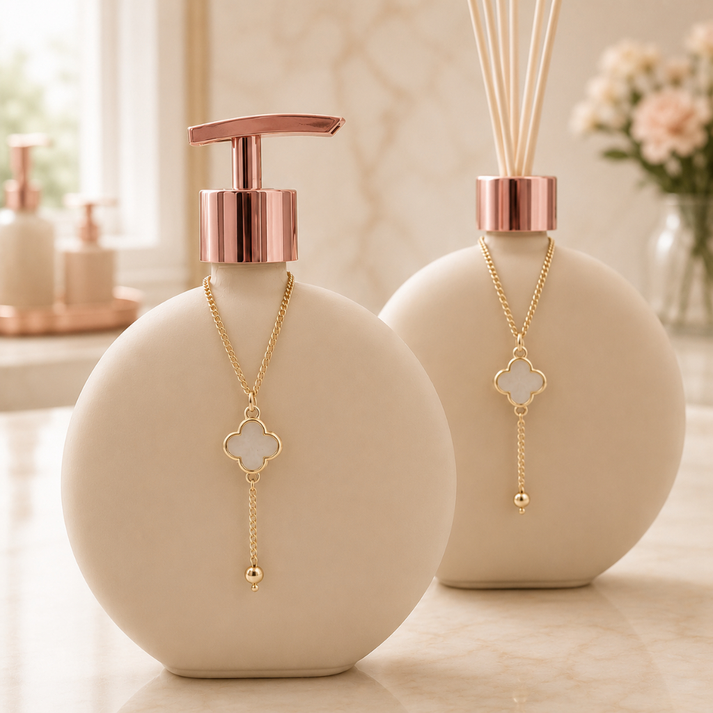 Kit Lavabo Banheiro Luxo em Vidro Luna Bege 500ml - Saboneteira e Aromatizador — imagen 3
