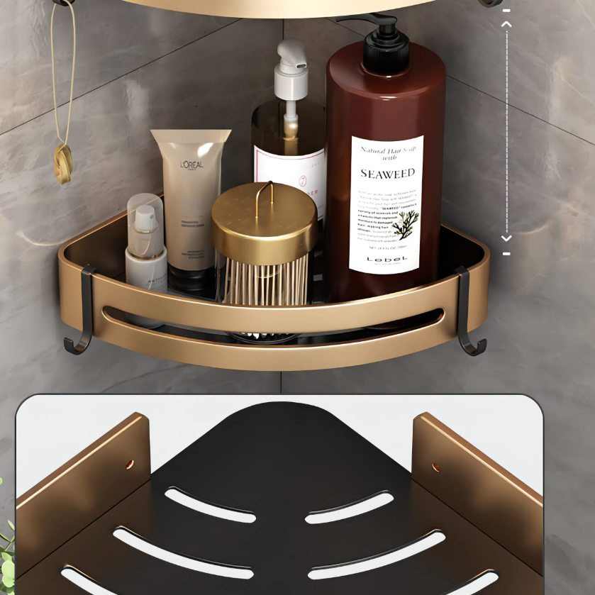 Kit 2 Acessórios para banheiro, rack de armazenamento de banheiro em alumínio preto com dourado — imagen 7