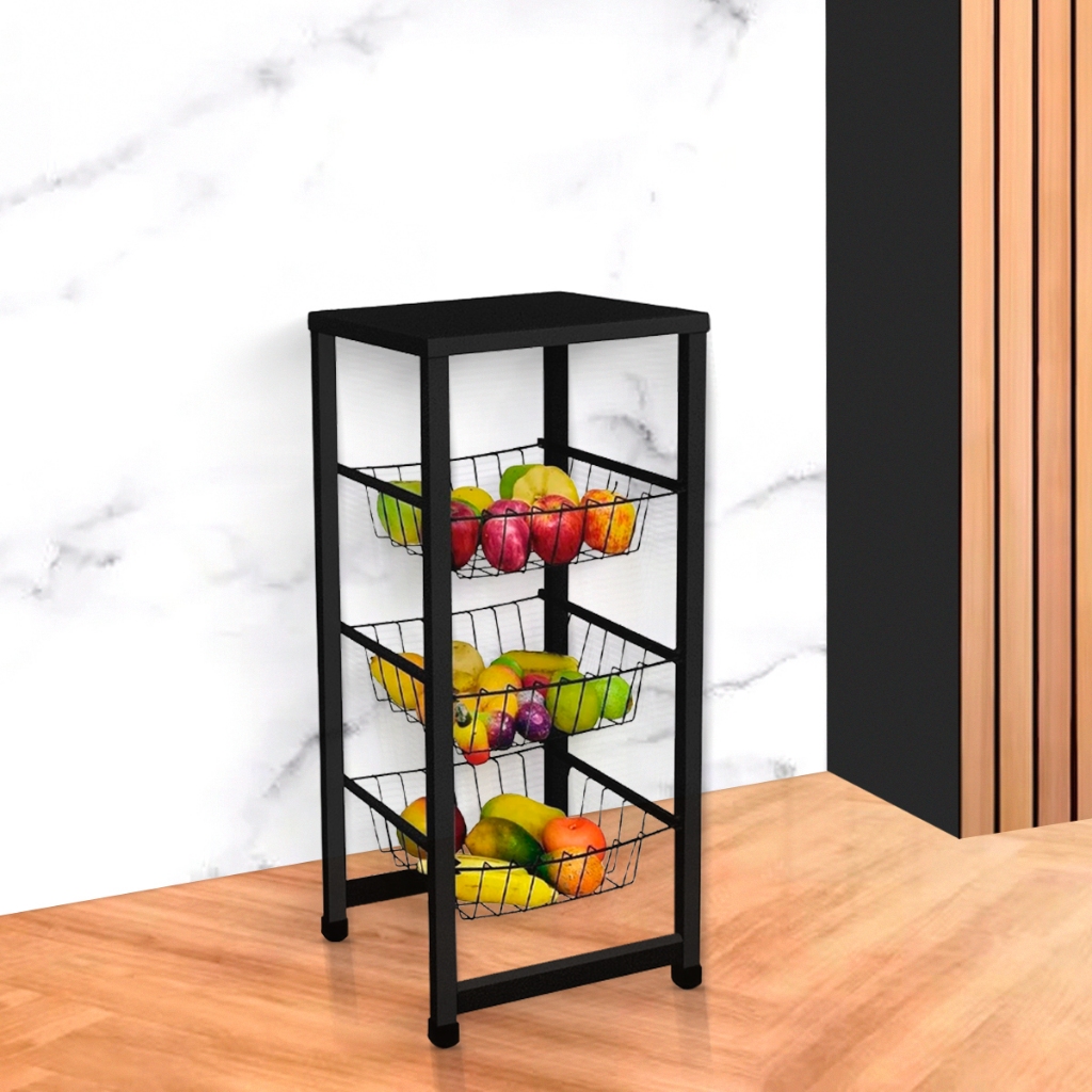 Fruteira De Chão Para Cozinha 3 Cestos Preto Fosco Multiuso — imagen 3