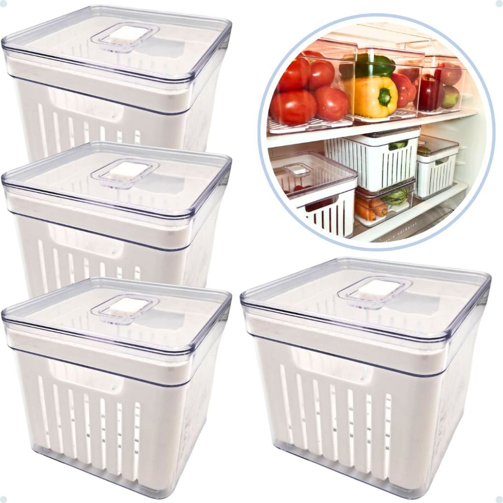 Kits Organizadores De Geladeira Clear Com Tampa E Cesto Drenagem — imagen 2