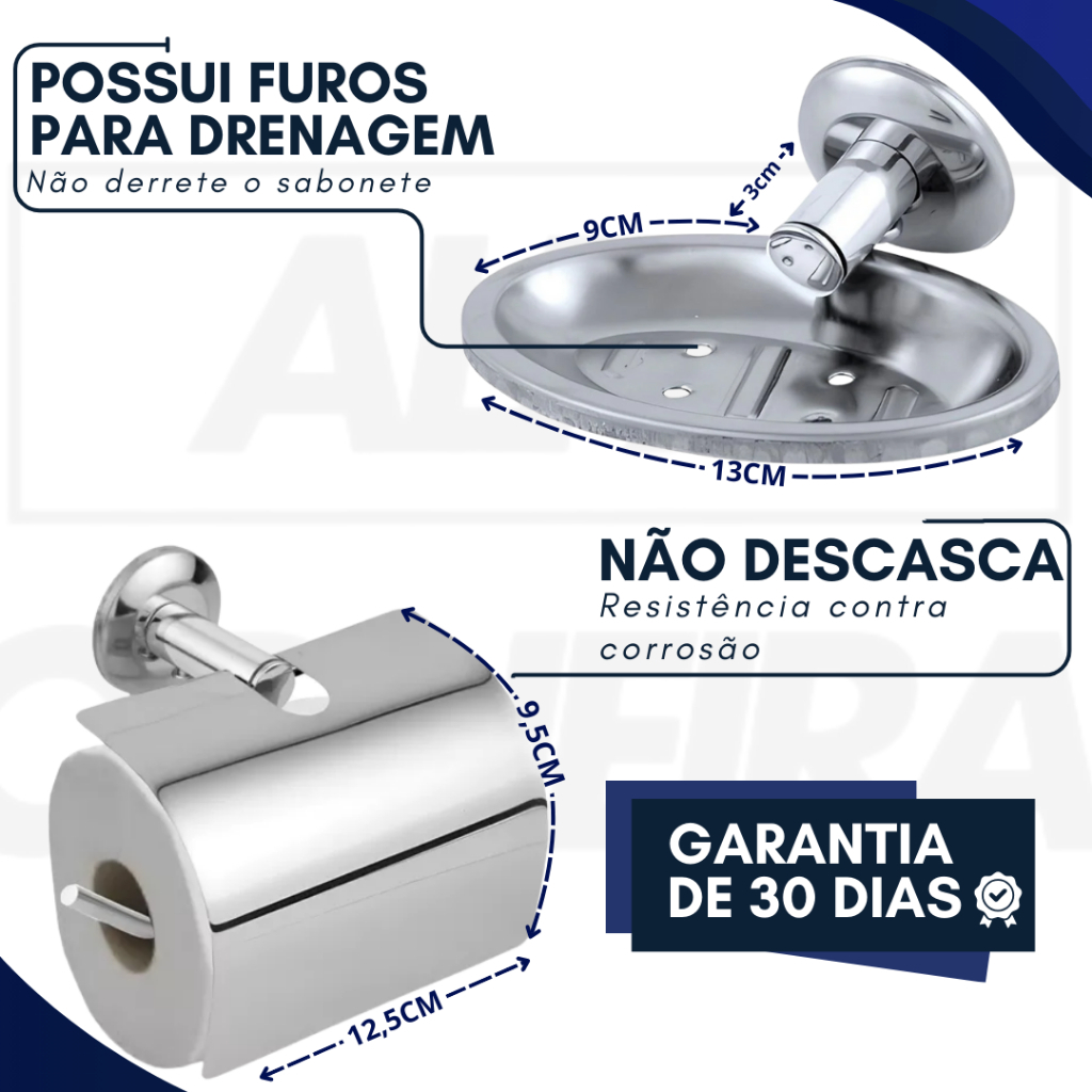 Kit Banheiro Acessórios 5 Peças + 1 Porta Shampoo Reto Inox Cromado Porta Toalhas Papeleira Saboneteira — imagen 3
