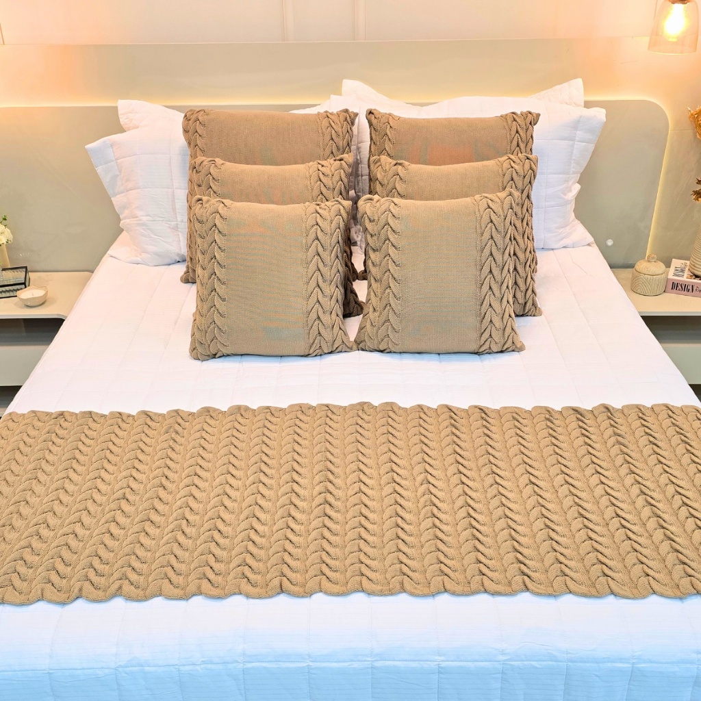Kit Peseira Manta Tricot Sofá Cama Casal Queen King Aconchego Home Decor + 2 Capas Almofadas — imagen 2