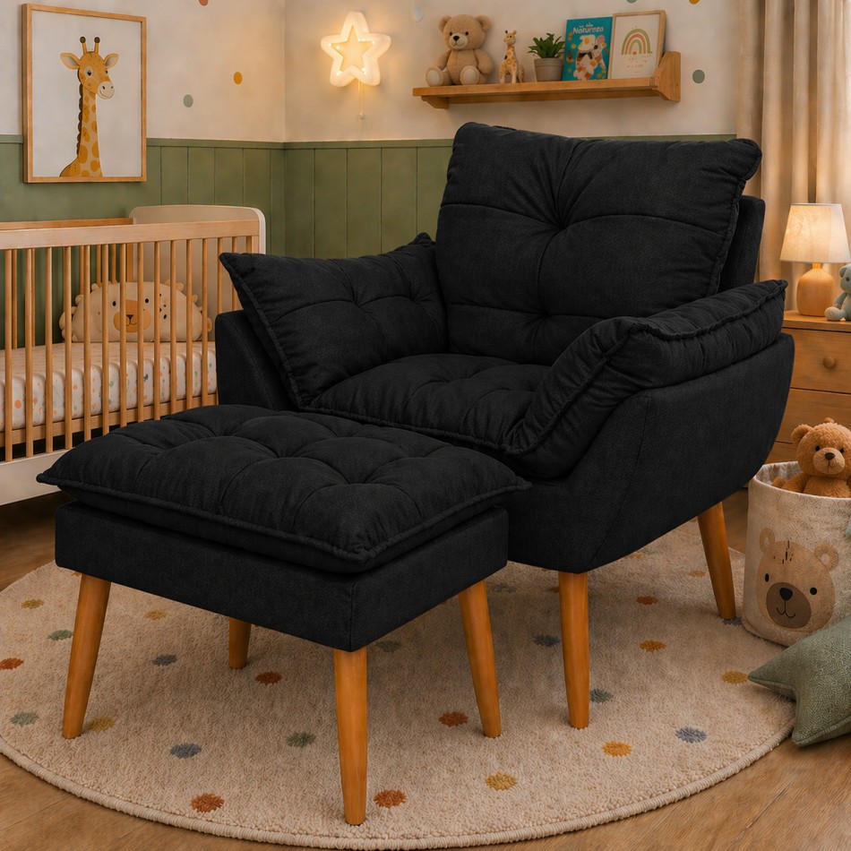 Kit Poltrona e Puff Bege Suede Decorativo Amamentação Pés Palito Fibra de Silicone — imagen 4