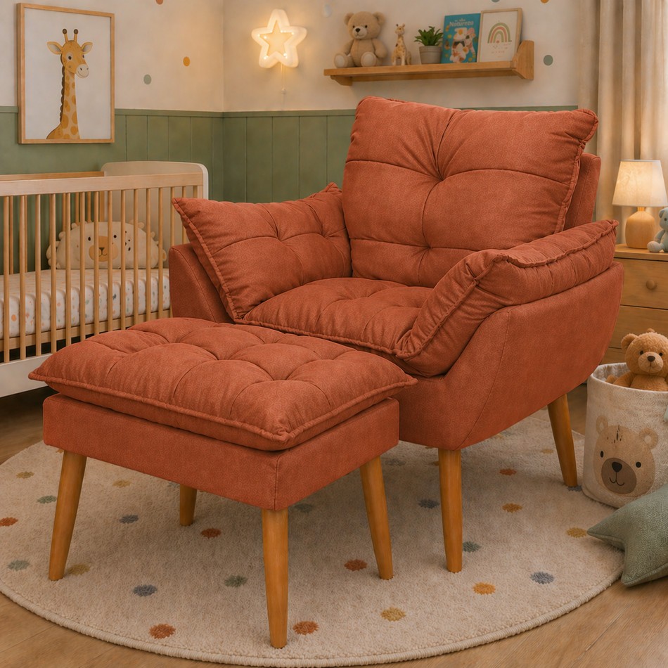 Kit Poltrona e Puff Bege Suede Decorativo Amamentação Pés Palito Fibra de Silicone — imagen 6