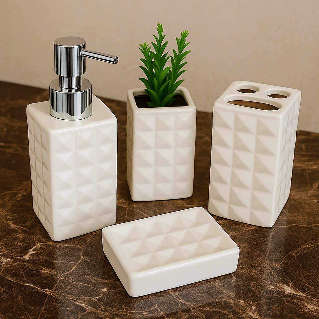 Kit Banheiro 4 Peças Saboneteira Ceramica Porta Sabonete Líquido Textura Diamante Porta Escova Dente — imagen 5