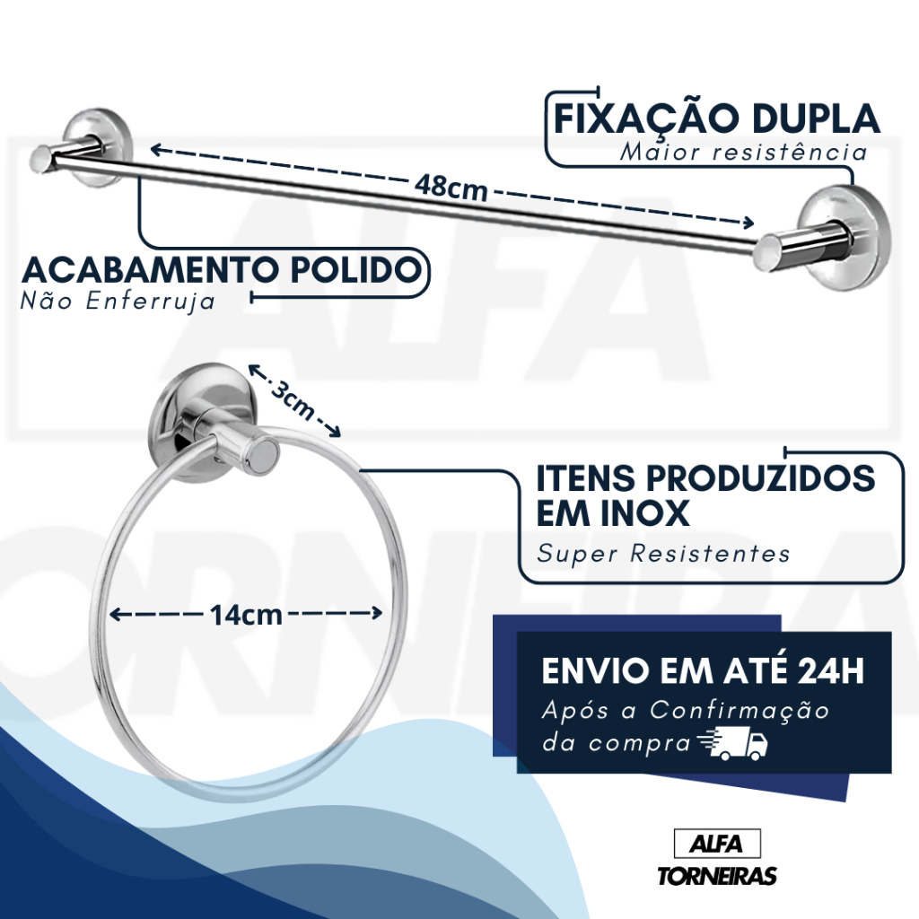 Kit Banheiro Acessórios 5 Peças + 1 Porta Shampoo Reto Inox Cromado Porta Toalhas Papeleira Saboneteira — imagen 4