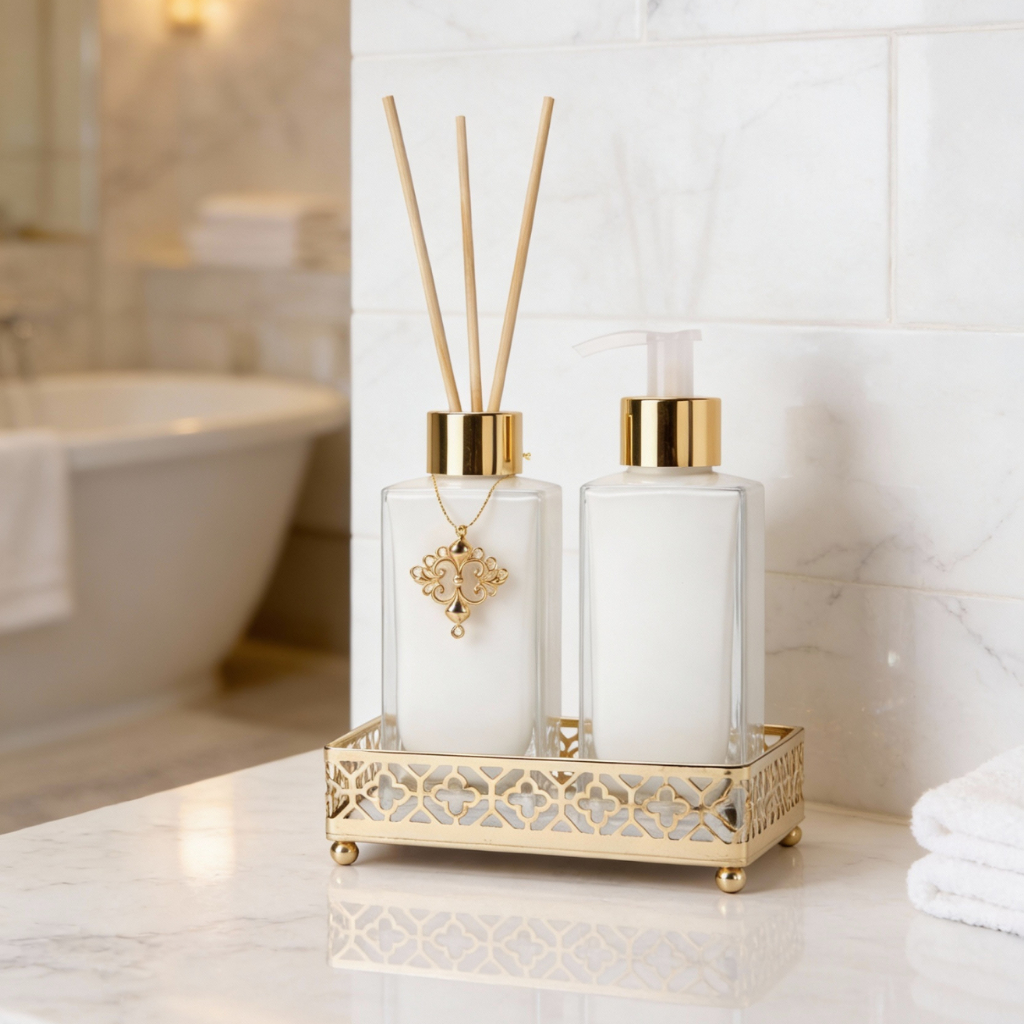 Kit Lavabo Luxo Banheiro Vidro Difusor + Saboneteira 150ml / 250ml com Bandeja de Metal — imagen 7