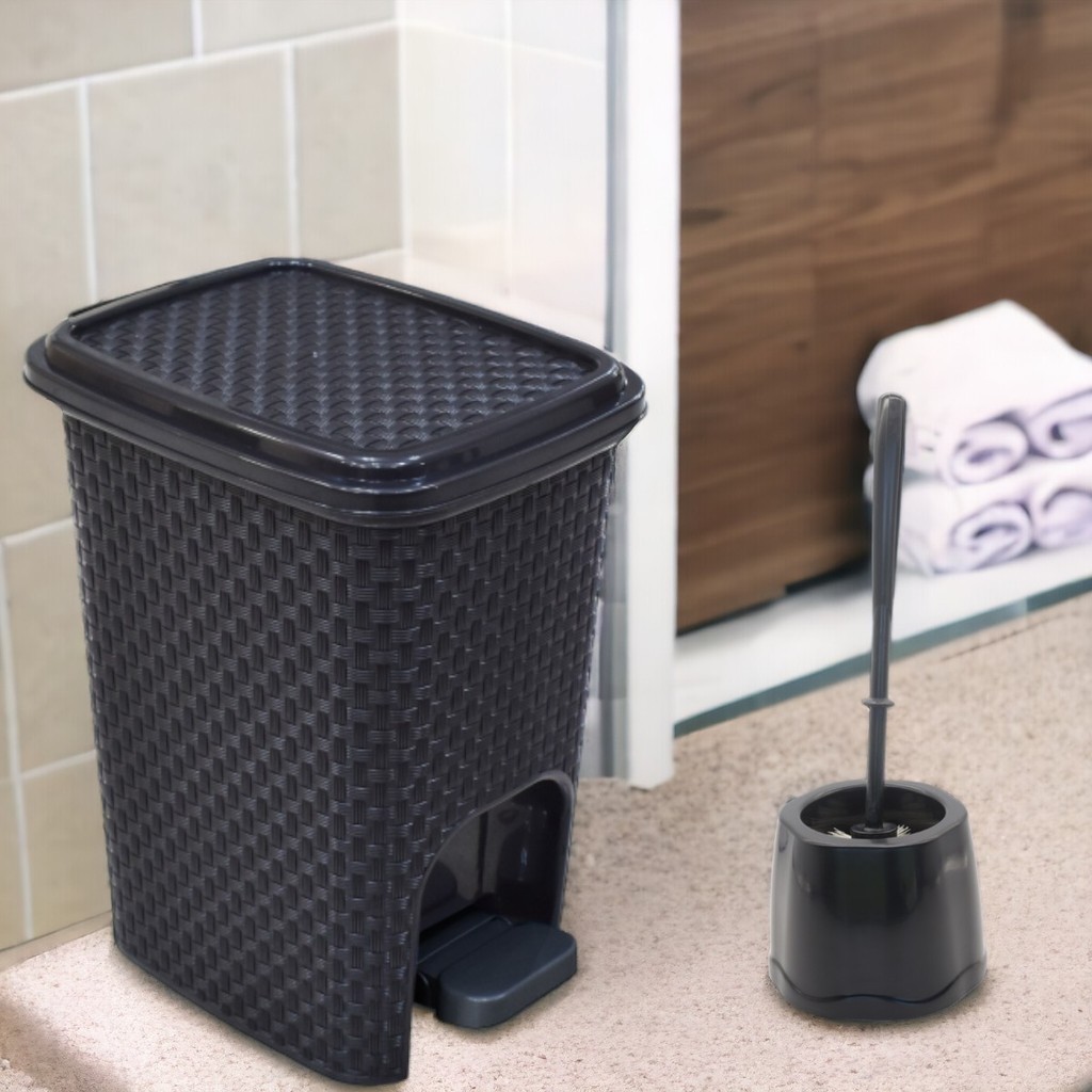 Conjunto Lixeira Branca 7 litros + Escova Sanitária Reforçada Casa Banheiro Limpeza Kit Preto — imagen 4