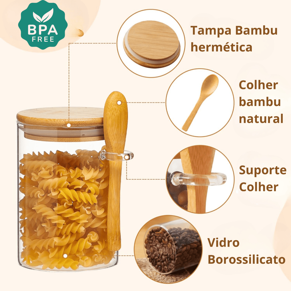 Pote Hermético De Vidro Colher em Bambu 970ml 750ml 550ml Redondo — imagen 2