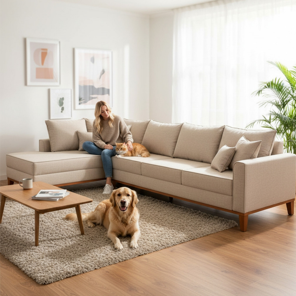 Sofá 4 Lugares Beny com Chaise Esquerdo Linho Bege