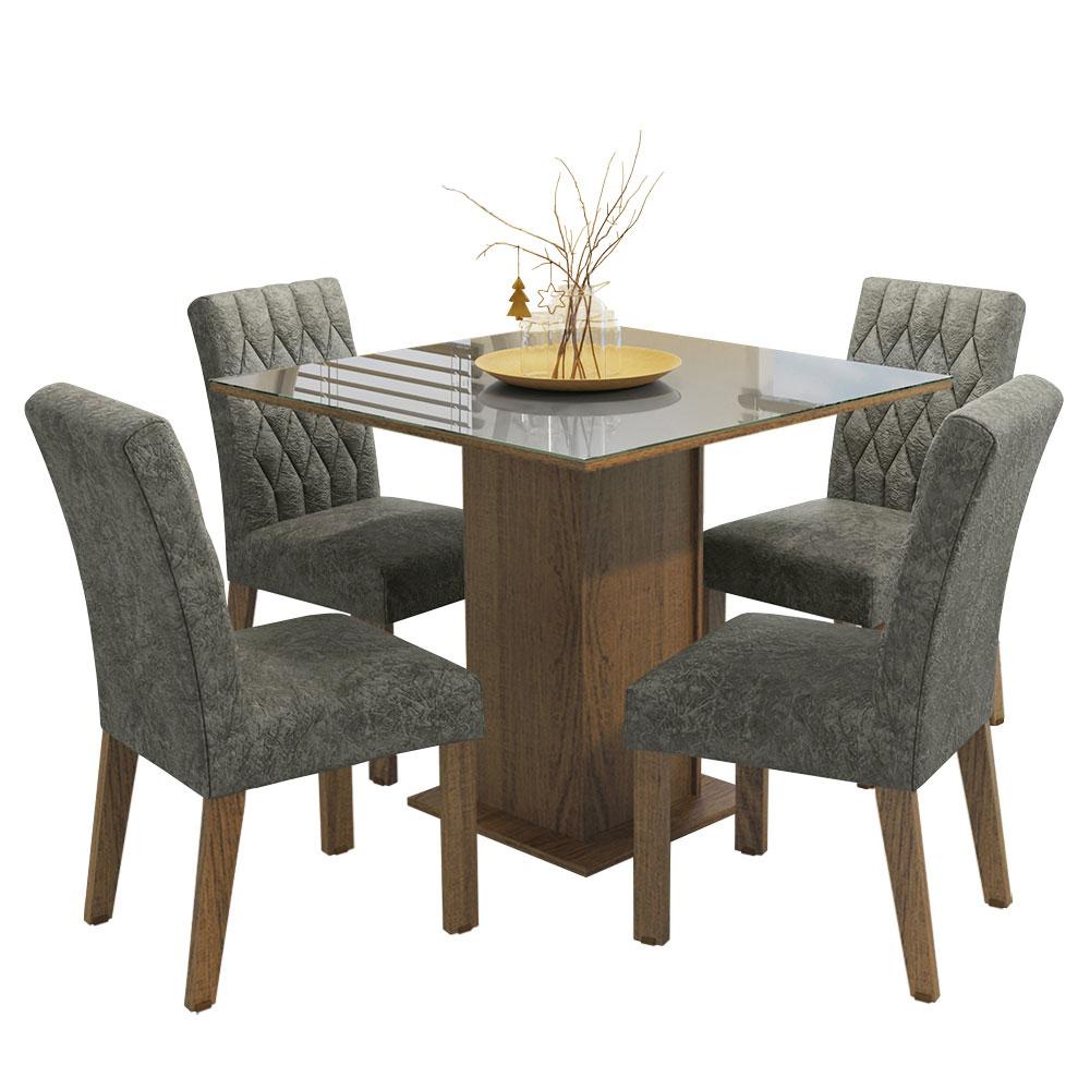 Conjunto Sala de Jantar Mesa Tampo de Vidro 4 Cadeiras Rustic/Cinza/Silver Anaju Madesa — imagen 2