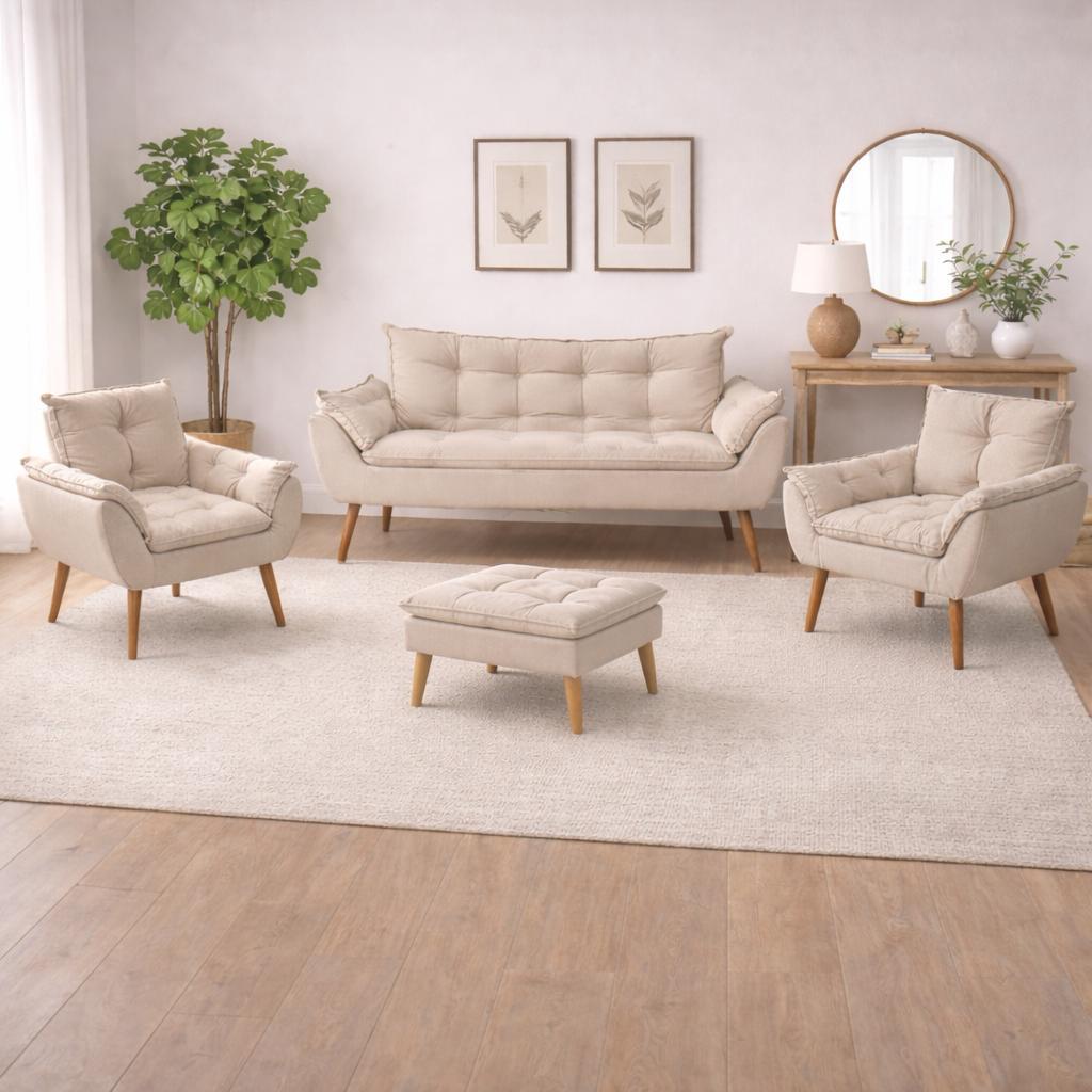 Kit 02 Poltronas + Sofá 2 lugares com Puff Opala Balaqui