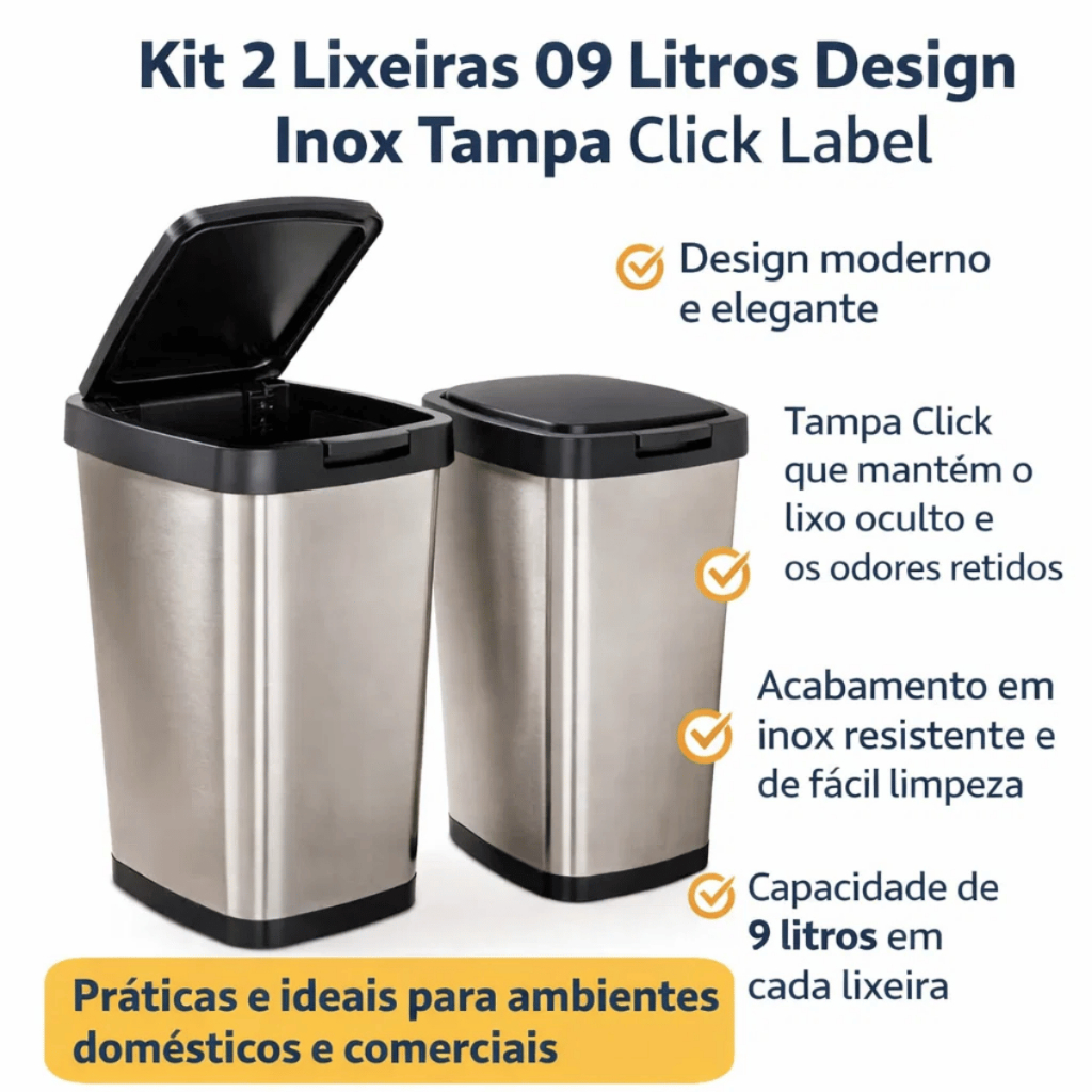 Kit Até 2 Lixeiras Cesto 09 Litros Inox Tampa Click Label Lixeira Escritório Lixeira Banheiro Chique — imagen 7