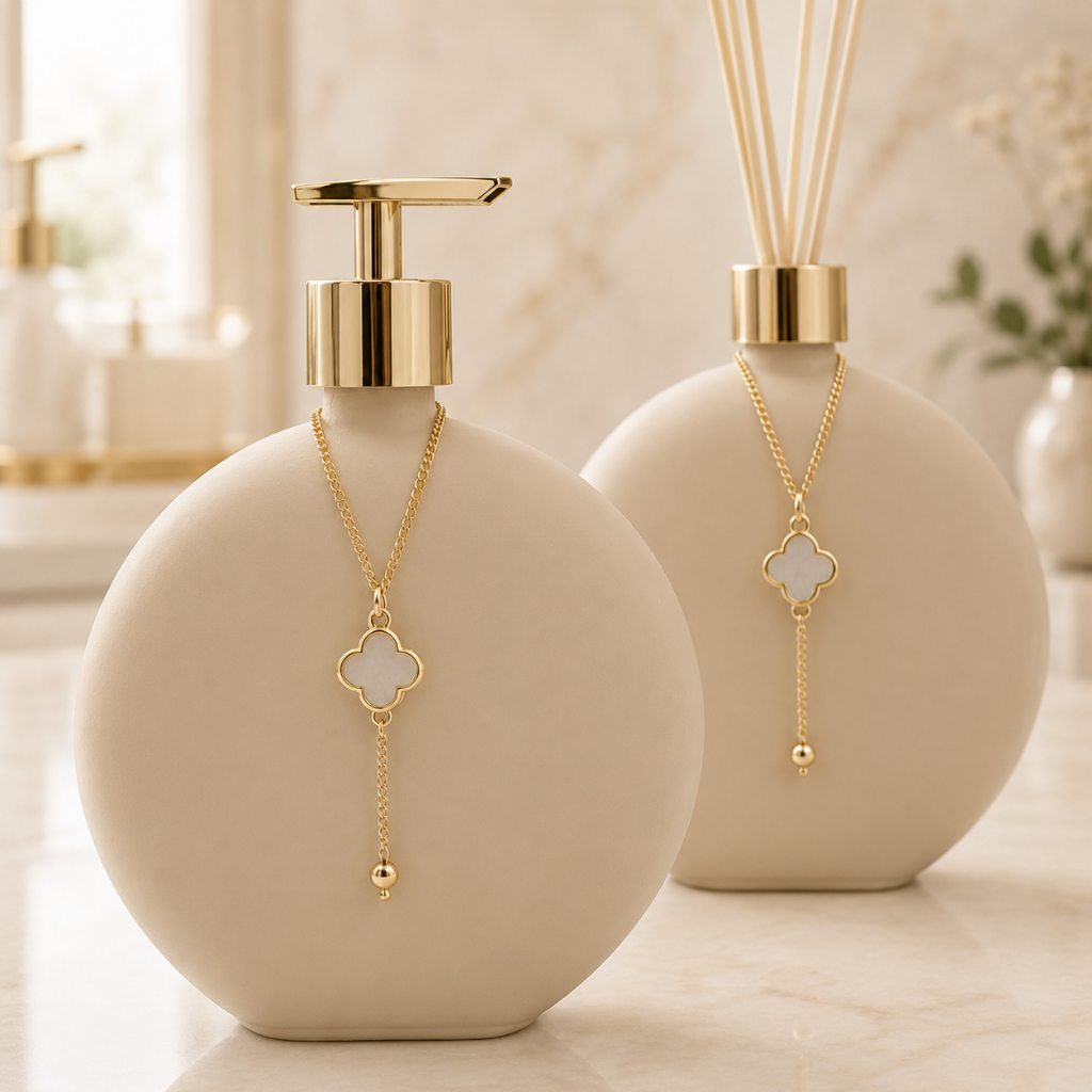 Kit Lavabo Banheiro Luxo em Vidro Luna Bege 500ml - Saboneteira e Aromatizador