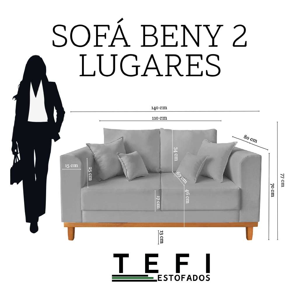Sofá Sala de Estar 02 Lugares Beny Linho Cinza Madeira Estofados — imagen 8
