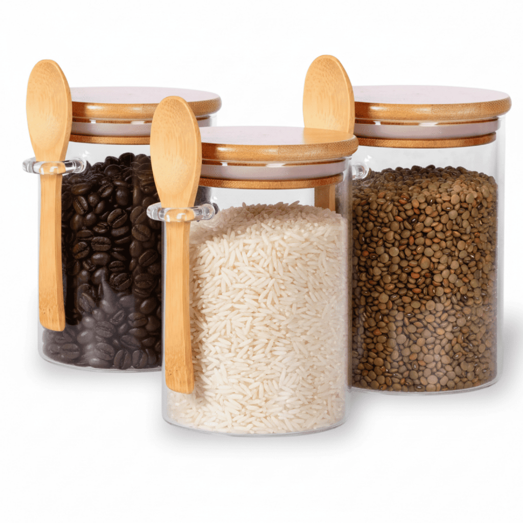 Pote Hermético De Vidro Colher em Bambu 970ml 750ml 550ml Redondo