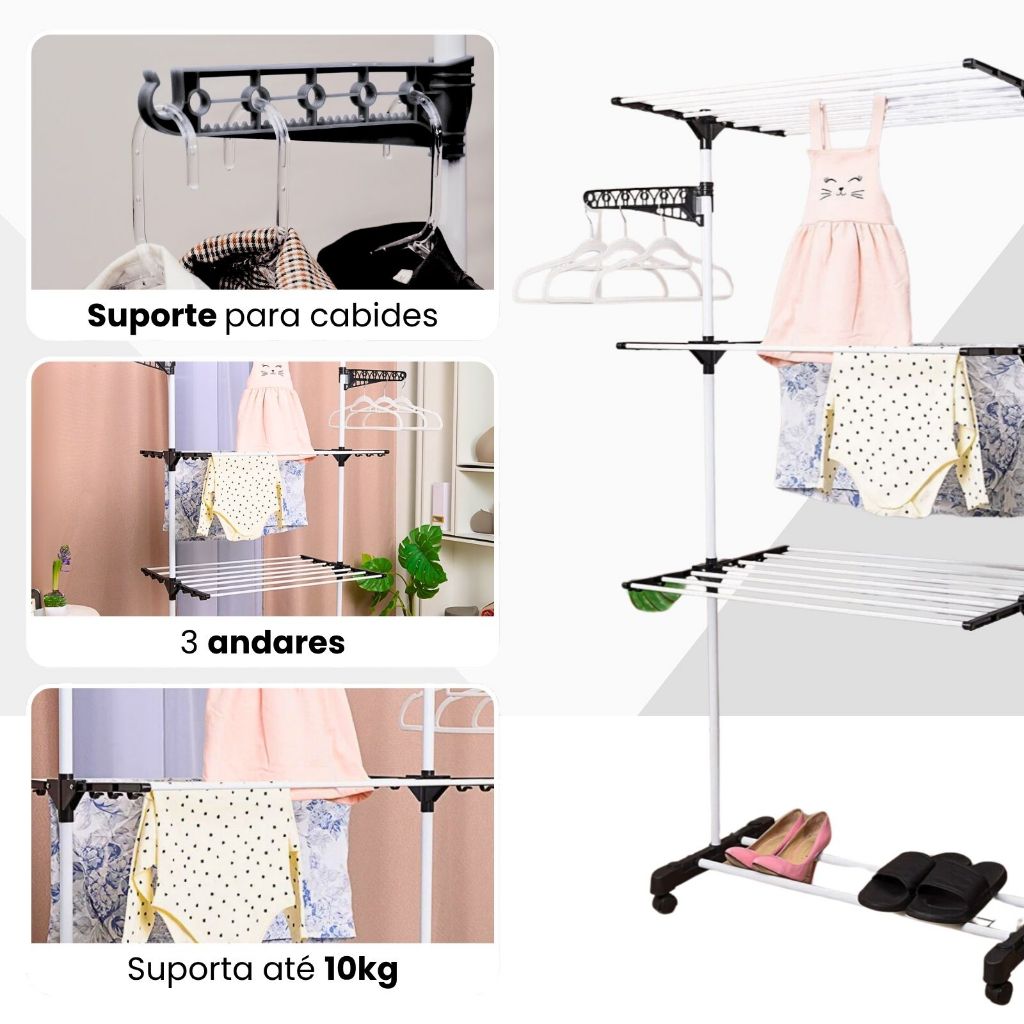 Varal De Chão Roupa Calcinha Grade 3 Andares Dobrável Portátil — imagen 3