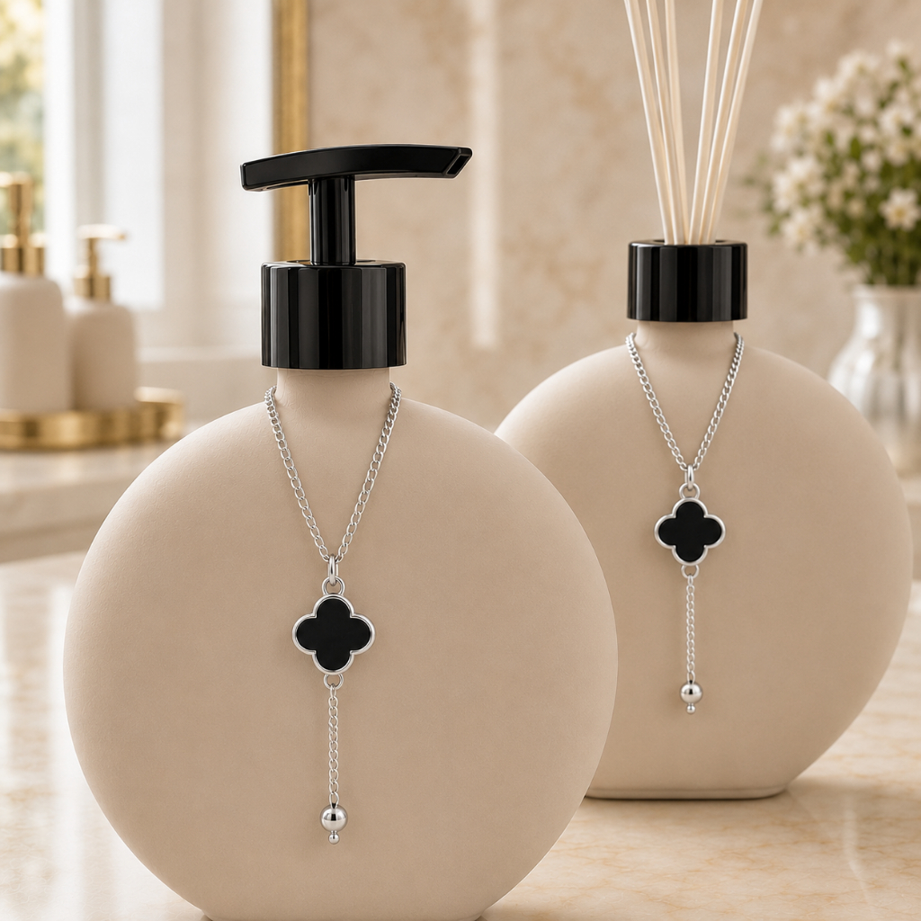Kit Lavabo Banheiro Luxo em Vidro Luna Bege 500ml - Saboneteira e Aromatizador — imagen 5