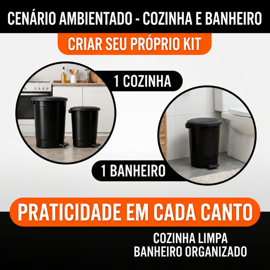 Kit 2 Lixeiras Redondas Com Pedal 7l Litros Preta Cozinha Banheiro Lavanderia Escritório — imagen 3