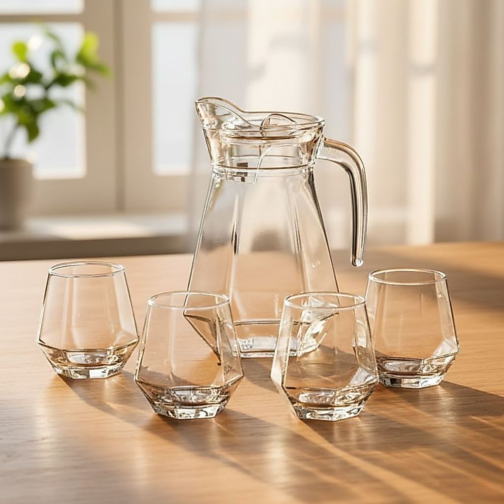 Jarra de Vidro com Tampa + 4 Copos Luxo Cozinha 1L e 260ML Agua Suco Mesa Posta Diamond Kit Conjunto — imagen 5