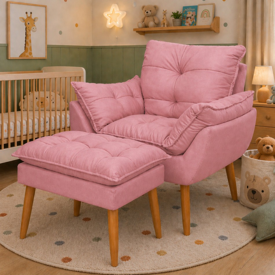 Kit Poltrona e Puff Bege Suede Decorativo Amamentação Pés Palito Fibra de Silicone — imagen 5