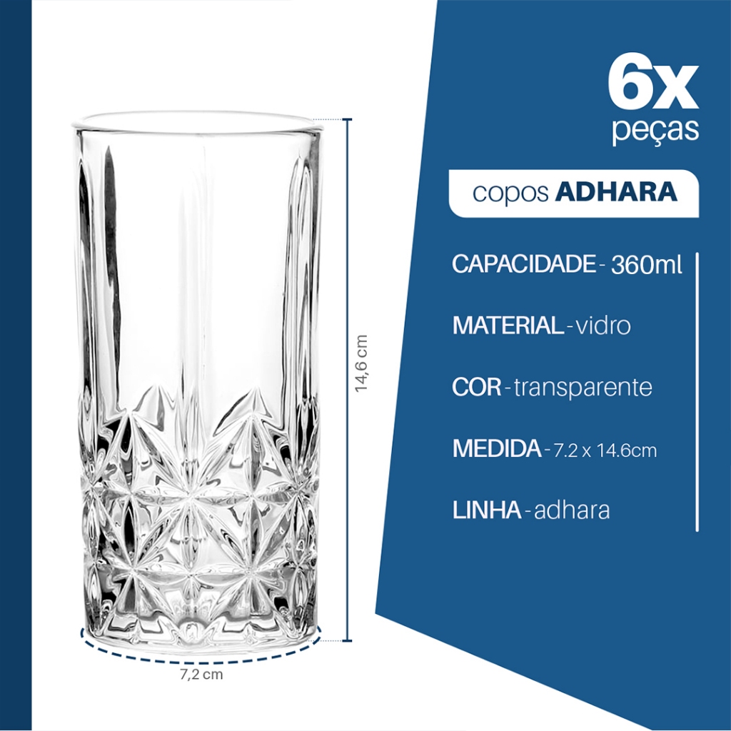 Jogo 6 Copos de Vidro Adhara 360ml – Design em Relevo Estilo Cristal — imagen 4