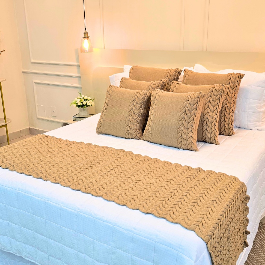 Kit Peseira Manta Tricot Sofá Cama Casal Queen King Aconchego Home Decor + 2 Capas Almofadas — imagen 3