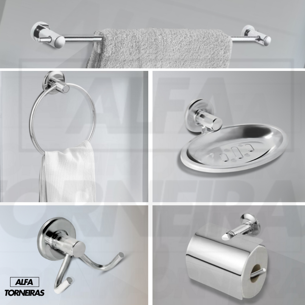 Kit Banheiro Acessórios 5 Peças + 1 Porta Shampoo Reto Inox Cromado Porta Toalhas Papeleira Saboneteira — imagen 8