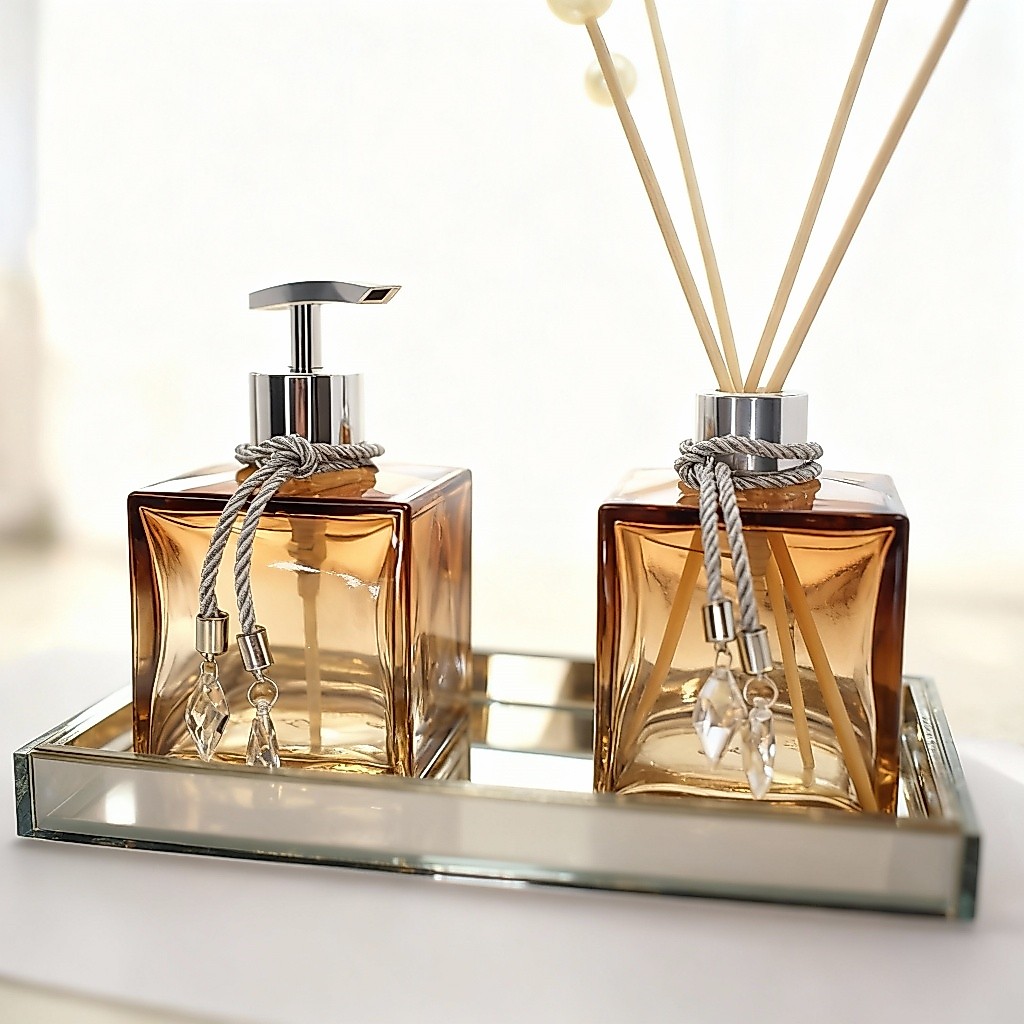 Kit Lavabo Luxo Vidro Decorativo Aromatizador Saboneteira Bandeja Cristal Elegante Banheiro Chique — imagen 6