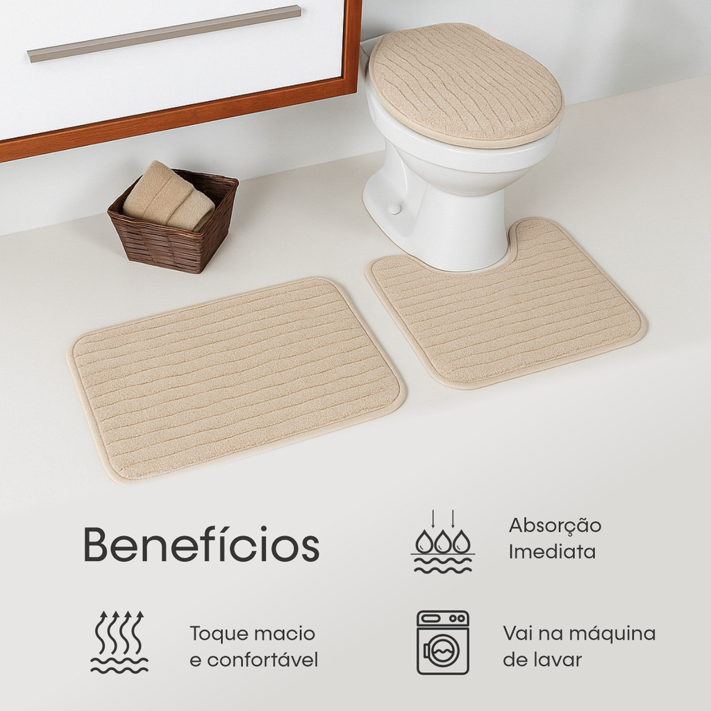 Kit Jogo 3 Peças Tapete Banheiro Premium Estampas Toque Macio Peluciado Antiderrapante Várias Cores — imagen 5