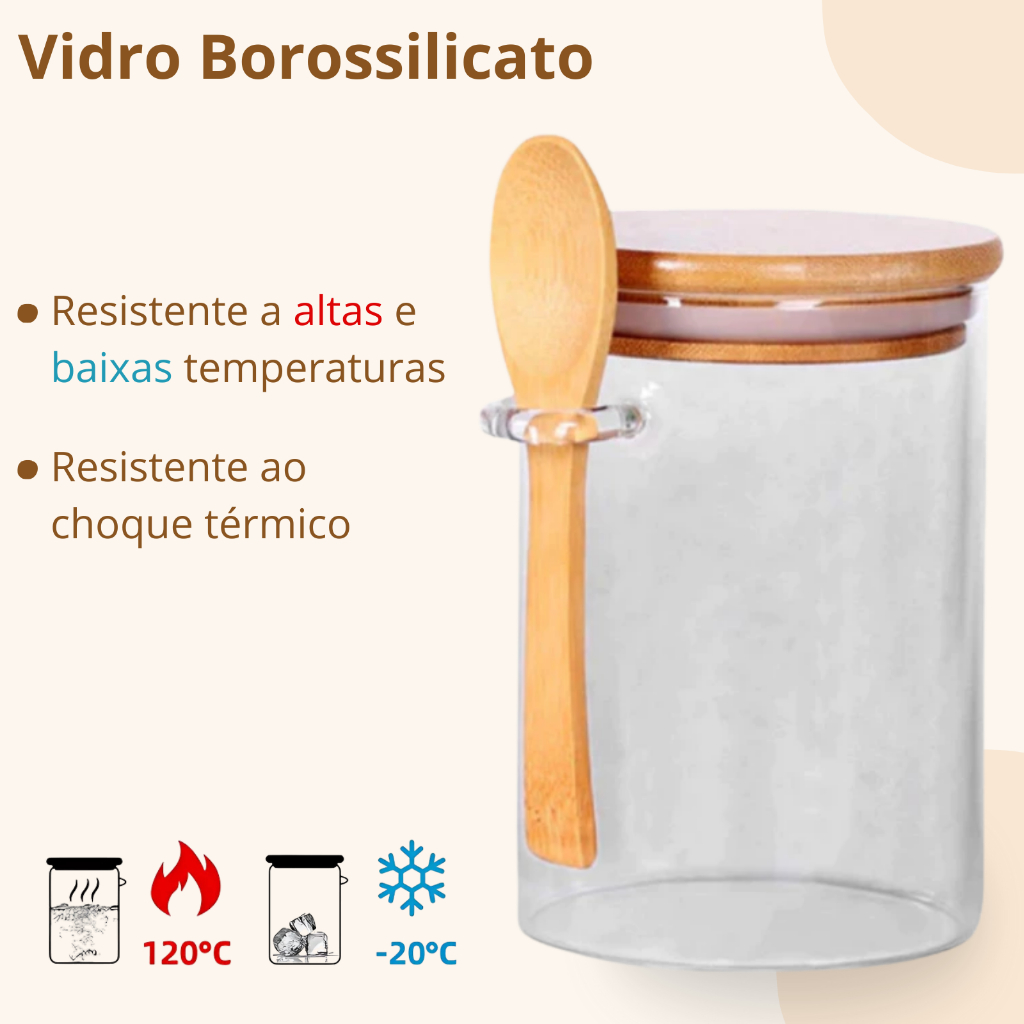 Pote Hermético De Vidro Colher em Bambu 970ml 750ml 550ml Redondo — imagen 3
