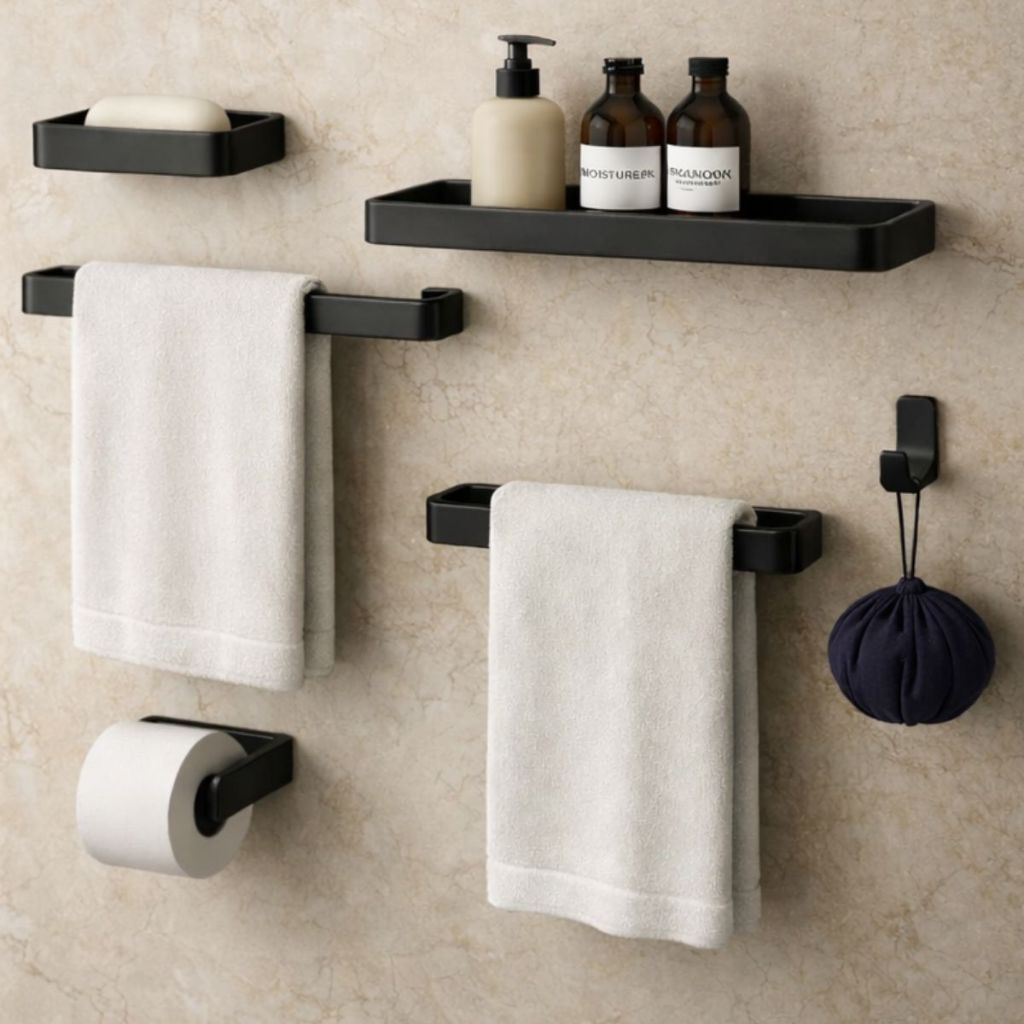 Kit Acessórios Para Banheiro Lavabo 6 Peças Toalheiro Inox Premium Suporte Parede Luxo Preto Cromado