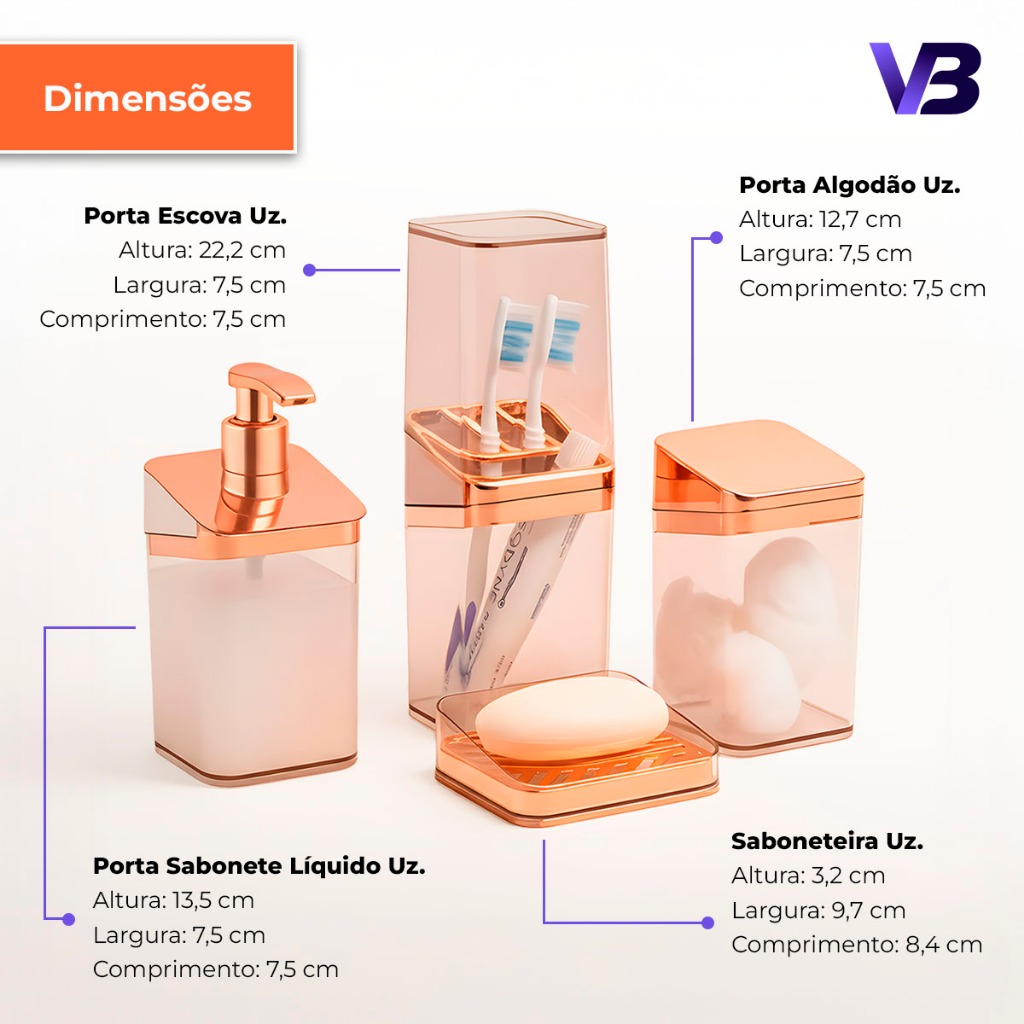 Kit Banheiro Luxo Lavabo Porta Sabonete Sabão Líquido Algodão Escova de Dentes Rose Gold — imagen 2