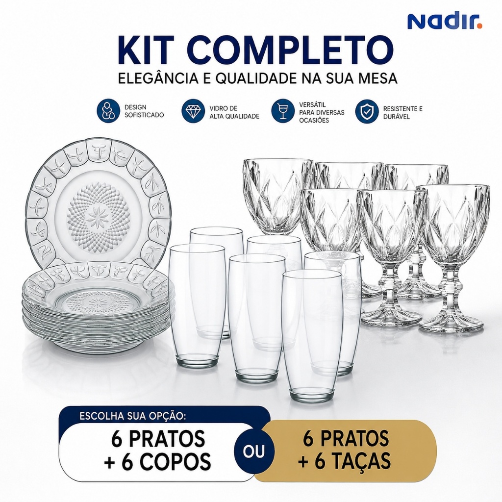 Kit 6 Copos ou Taça De Vidro + 6 Pratos Fundos Vidro Resistente Mesa Jogo Cozinha Refeição Decoração