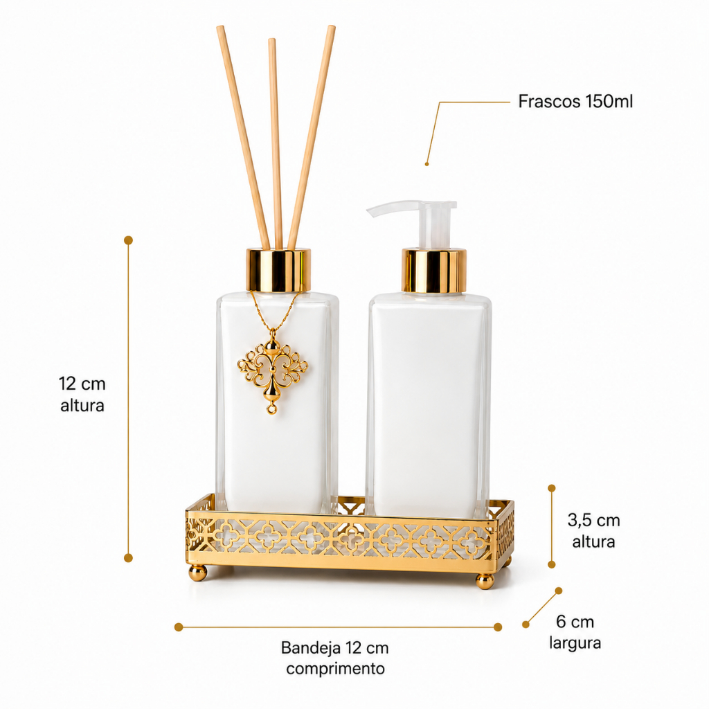 Kit Lavabo Luxo Banheiro Vidro Difusor + Saboneteira 150ml / 250ml com Bandeja de Metal — imagen 2