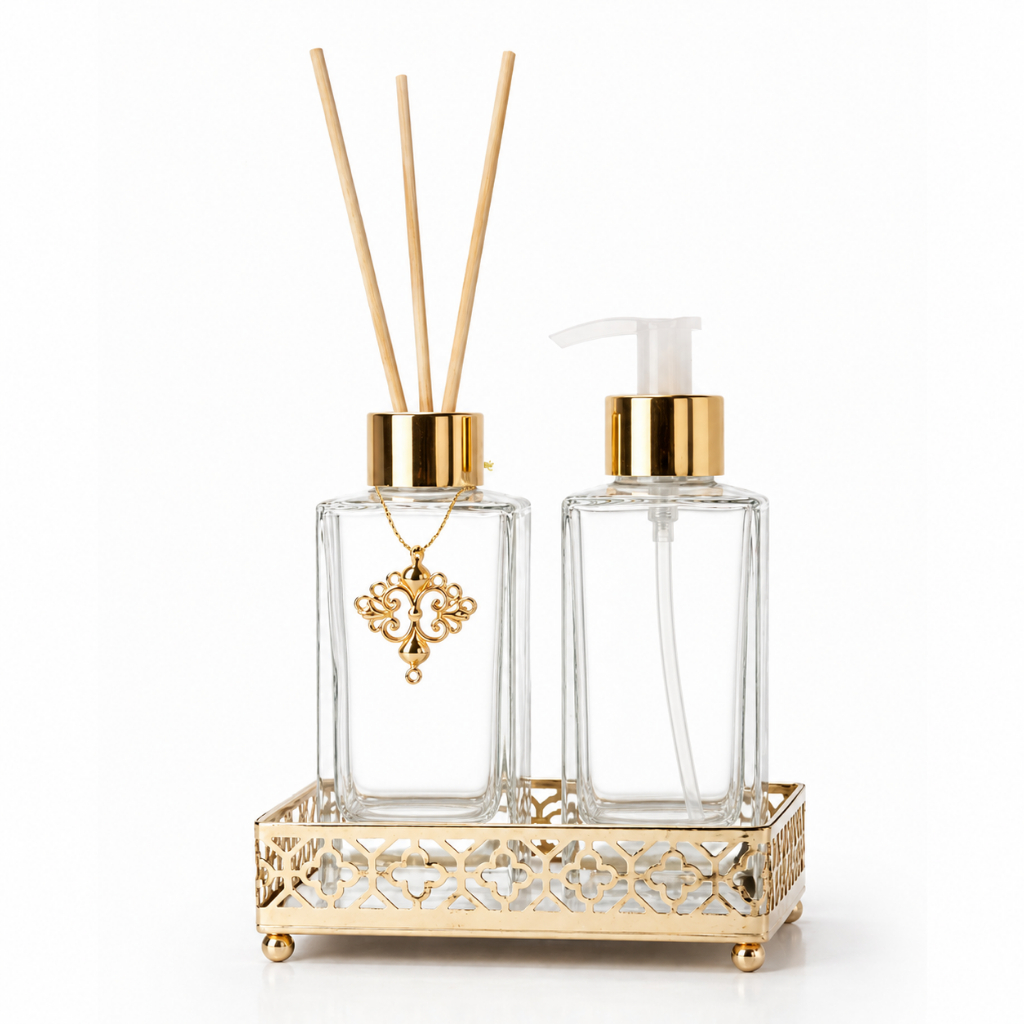 Kit Lavabo Luxo Banheiro Vidro Difusor + Saboneteira 150ml / 250ml com Bandeja de Metal — imagen 3