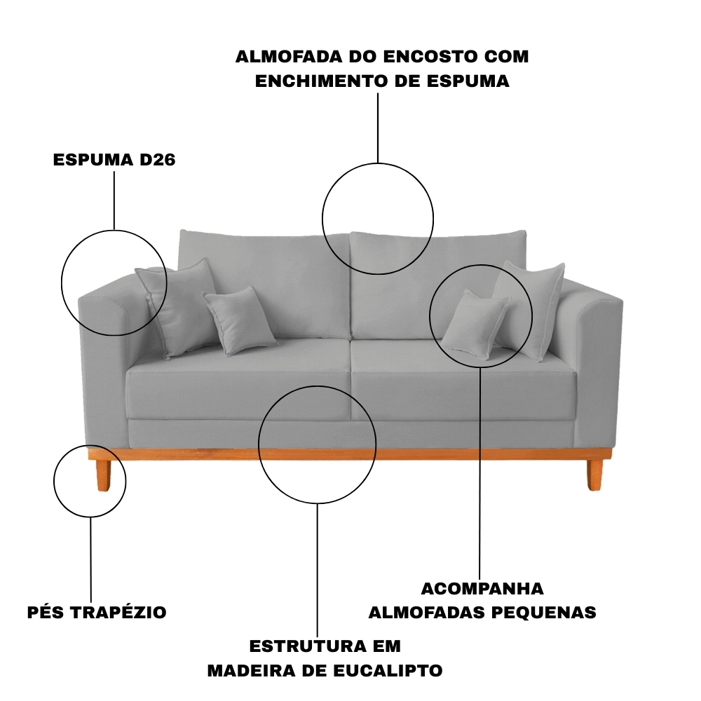 Sofá 3 Lugares Retro Sala de Estar Beny Linho Cinza Ilumini Deccor — imagen 7