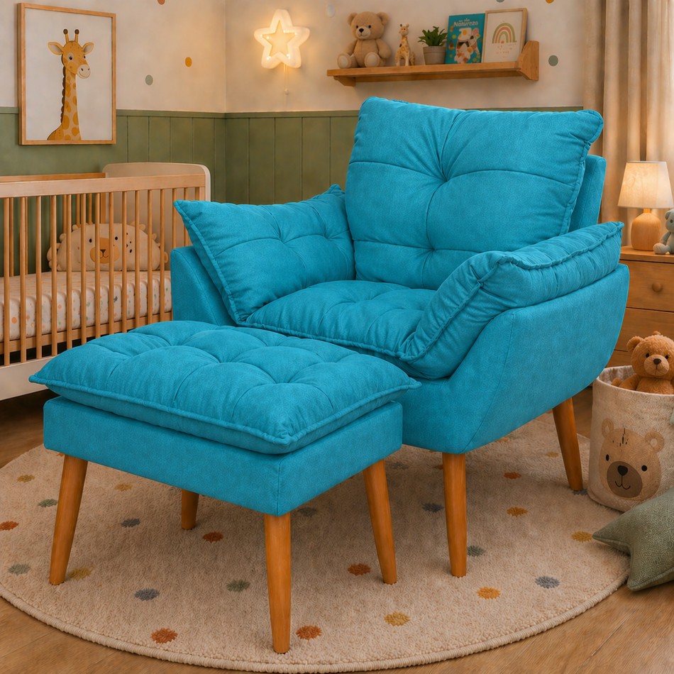 Kit Poltrona e Puff Bege Suede Decorativo Amamentação Pés Palito Fibra de Silicone — imagen 3