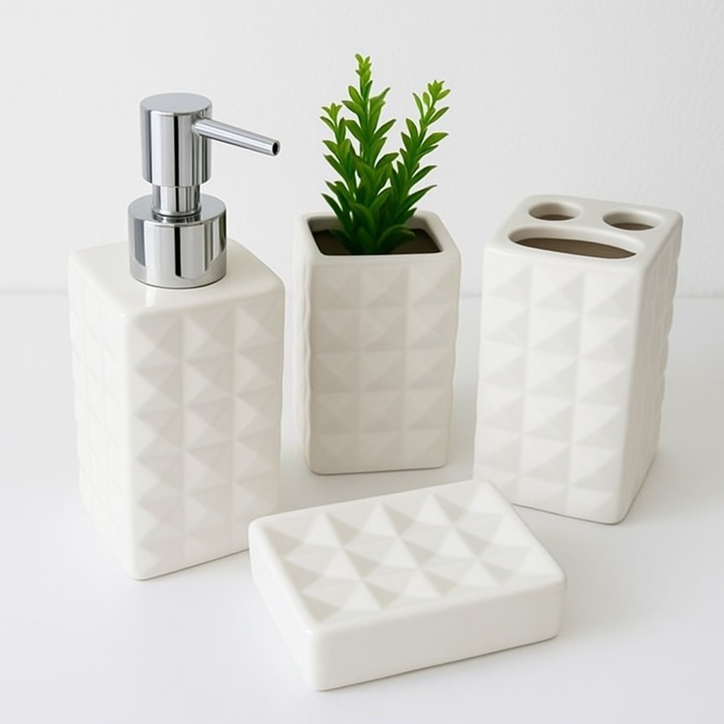 Kit Banheiro 4 Peças Saboneteira Ceramica Porta Sabonete Líquido Textura Diamante Porta Escova Dente — imagen 4