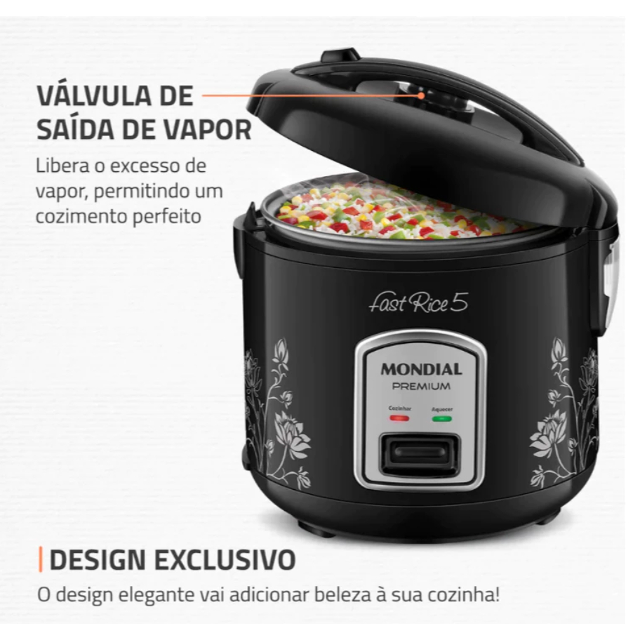 Panela de Arroz Elétrica Mondial 5 Xícaras NPE-08 127V ou 220V Antiaderente com Cozimento a Vapor Preta — imagen 4