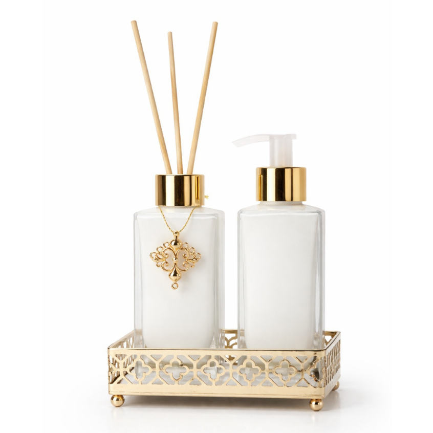 Kit Lavabo Luxo Banheiro Vidro Difusor + Saboneteira 150ml / 250ml com Bandeja de Metal