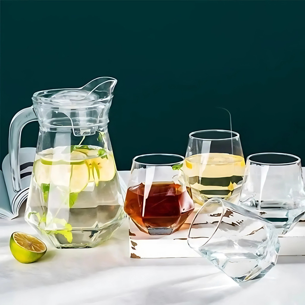 Jarra de Vidro com Tampa + 4 Copos Luxo Cozinha 1L e 260ML Agua Suco Mesa Posta Diamond Kit Conjunto — imagen 6