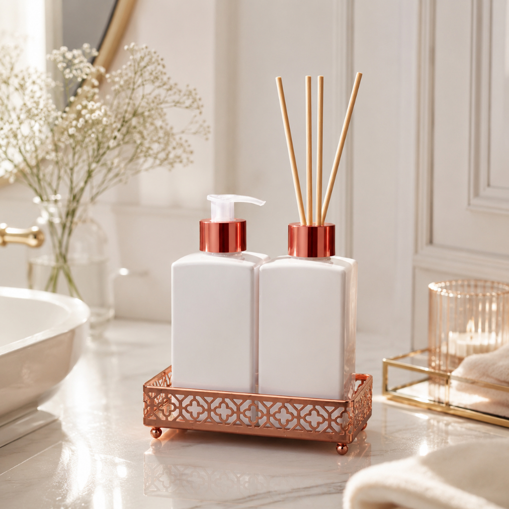 Kit Lavabo Luxo Banheiro Vidro Difusor + Saboneteira 150ml / 250ml com Bandeja de Metal — imagen 5