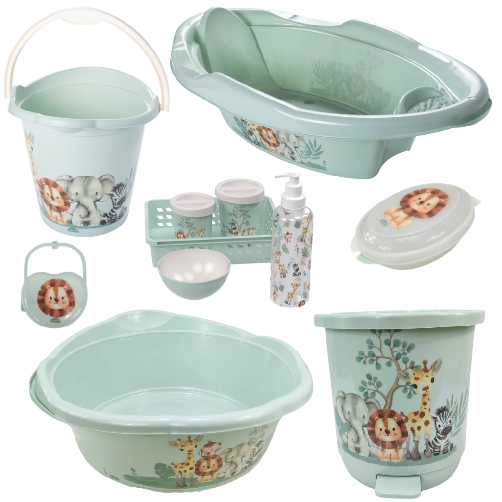 KIT BANHEIRA DE BEBÊ DECORADA LUDICA PLASUTIL + KIT HIGIENE URSO 5 PEÇAS + BACIA LIXEIRA BALDE SABONETEIRA PORTA CHUPETA