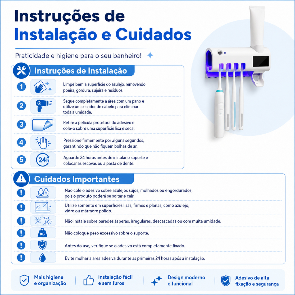 Porta Escova de Dentes UV com Dispenser de Pasta Dental Suporte Banheiro Sem Furar — imagen 7