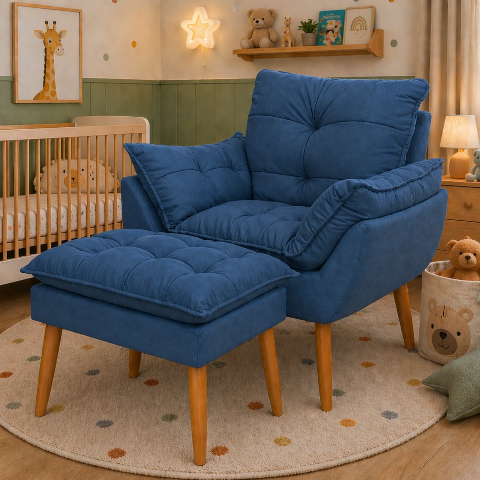 Kit Poltrona e Puff Bege Suede Decorativo Amamentação Pés Palito Fibra de Silicone — imagen 2