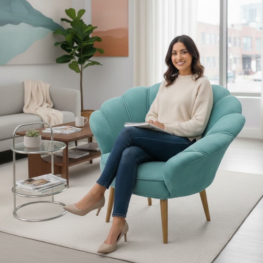 Poltrona Decorativa Pétala luxo Tecido Veludo Pés Palito Sala, quarto e recepção. — imagen 5