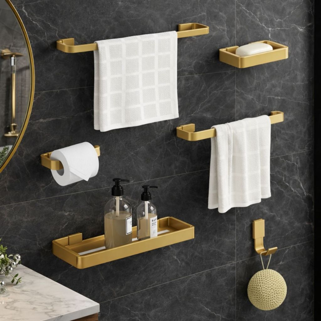 Kit Acessórios Para Banheiro Lavabo 6 Peças Toalheiro Inox Premium Suporte Parede Luxo Preto Cromado — imagen 5