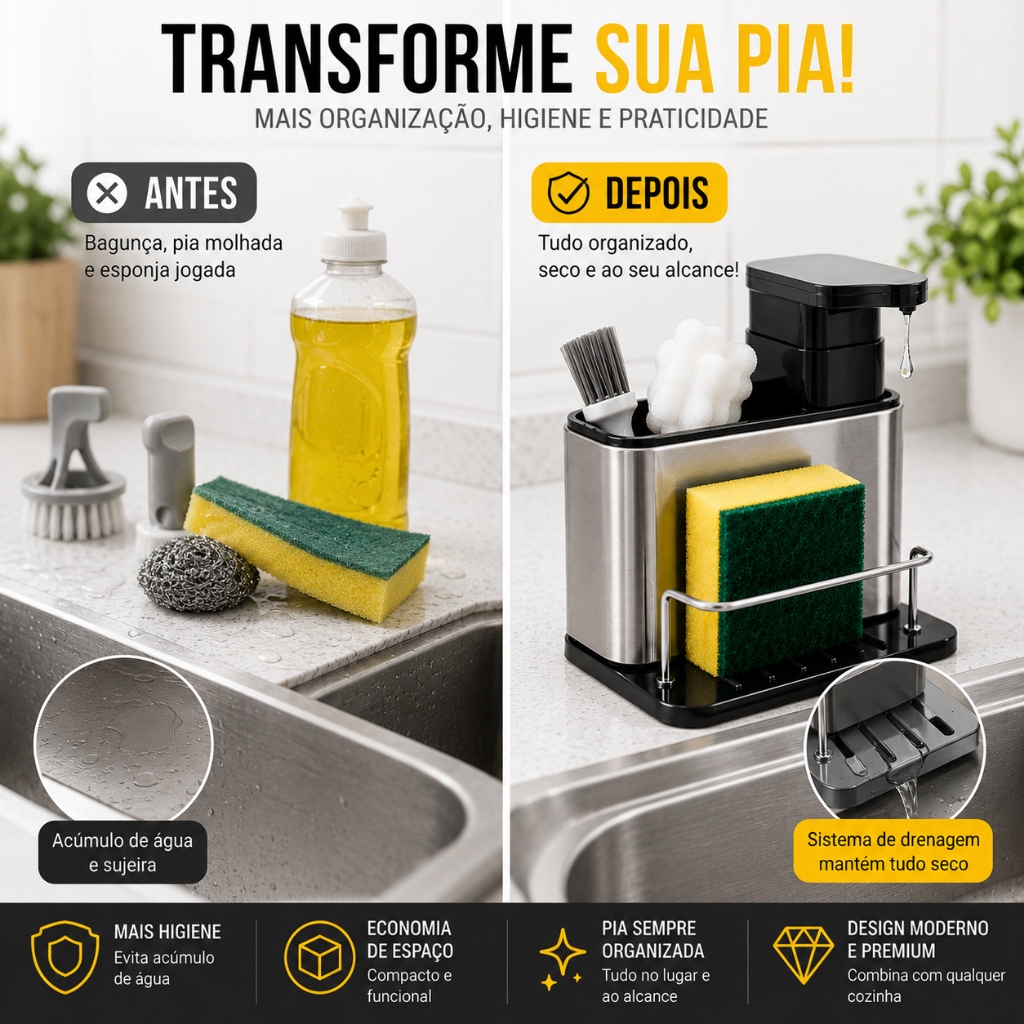 Organizador de Pia 3 em 1 em Aço Inox com Dispensador de Detergente e Suporte para Esponja — imagen 4