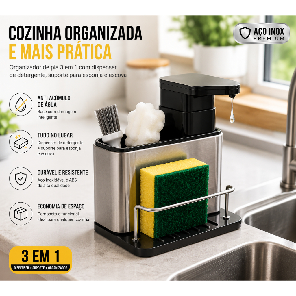 Organizador de Pia 3 em 1 em Aço Inox com Dispensador de Detergente e Suporte para Esponja — imagen 2